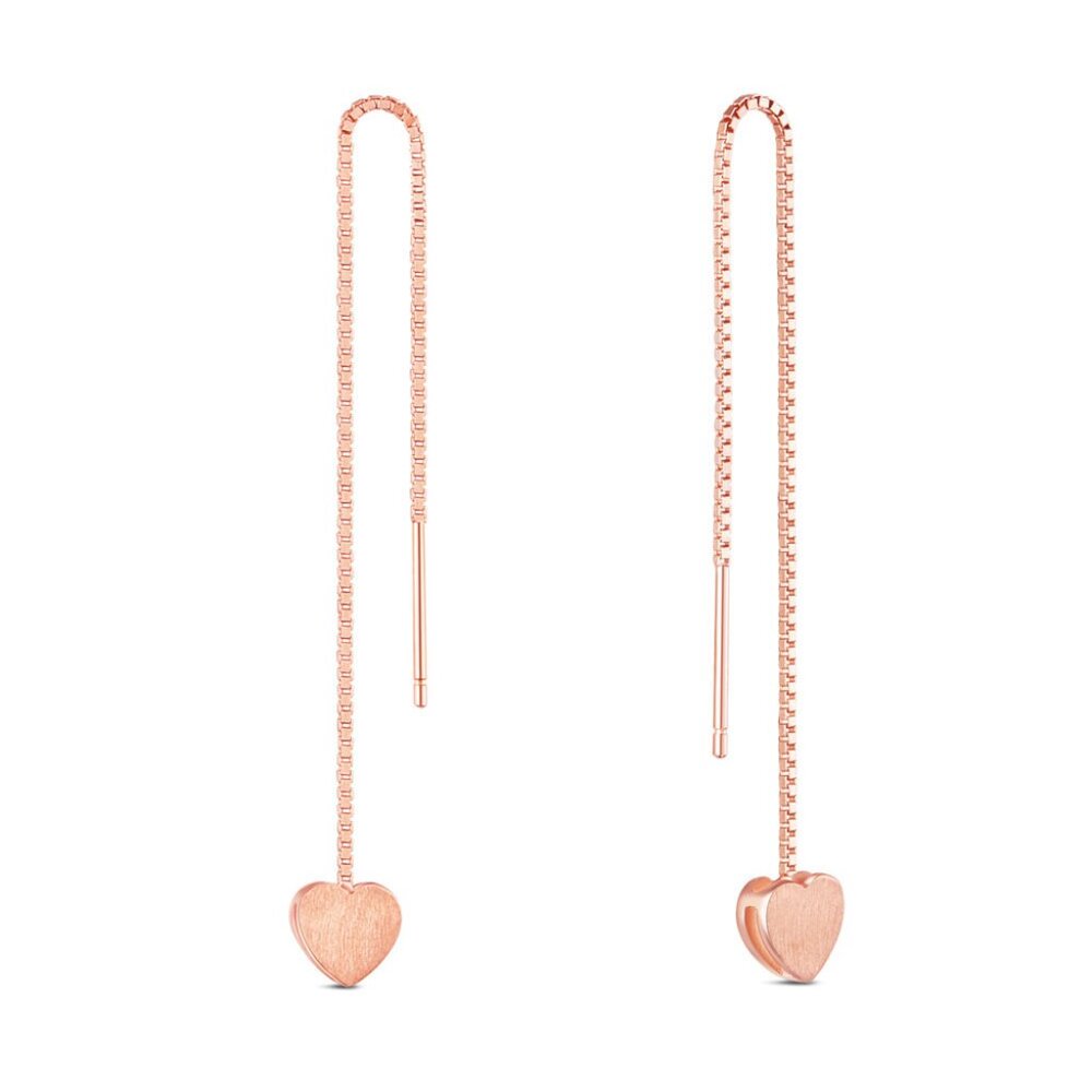 925 Sterling Silver dangle Earrings, Threader  style with Heart, Rose gold